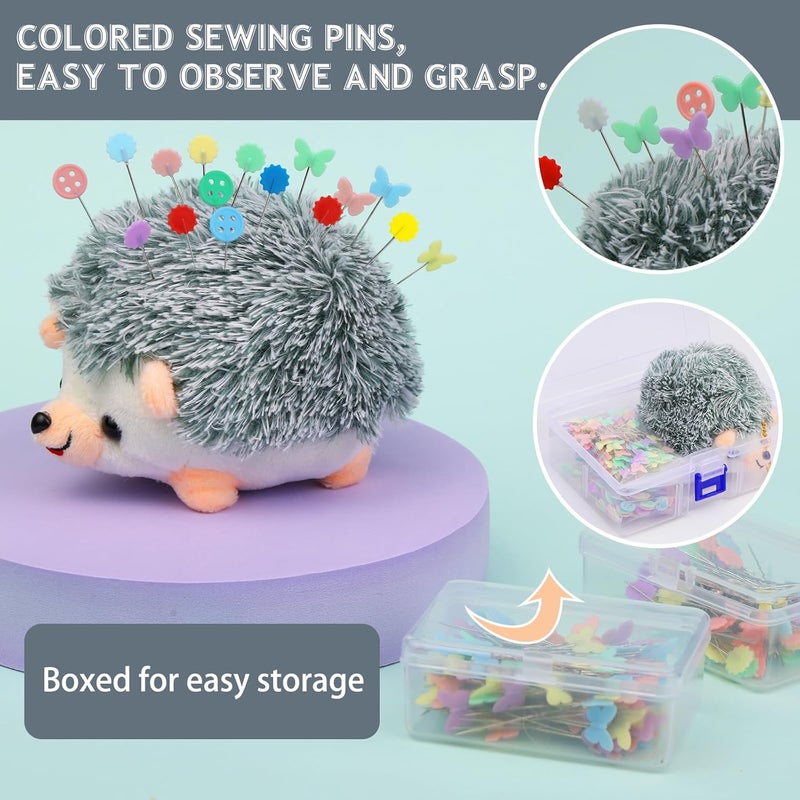 FTEVEN 400 Pieces Flat Head Straight Pins Hedgehog Pincushion Kit, Cute Pincushion with Clear Storage Box and Quilting Pins, Colorful Head Straight Sewing Pins for Handicrafts DIY Sewing - Image 3